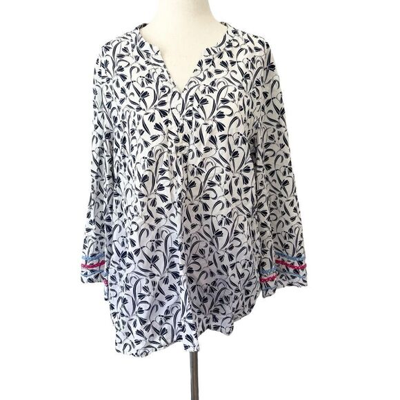 Talbots Large Navy +White Tunic Style Cotton Long Sleeve Blouse - Picture 1 of 7